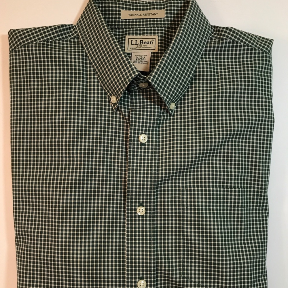 LL Bean Wrinkle Resistant Green Checker Sz LT